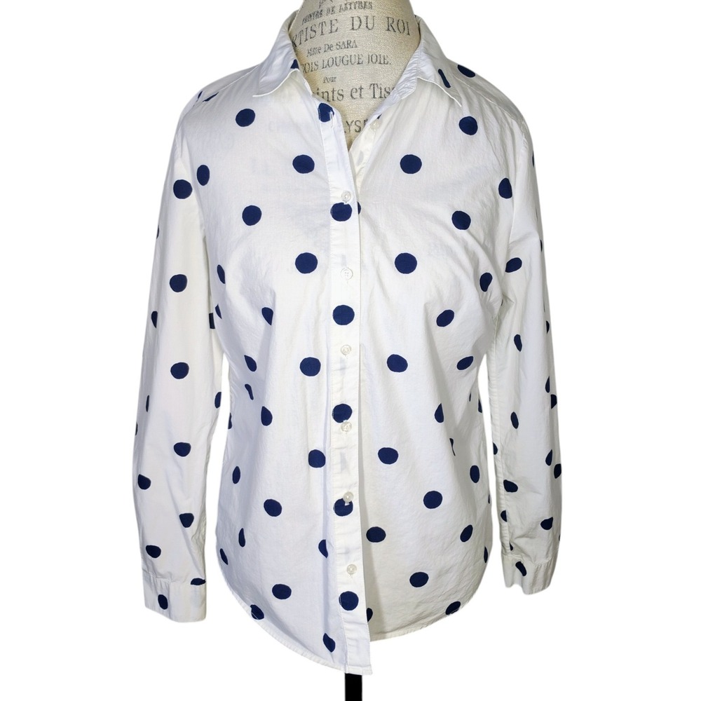 Boden Classic Button Front Shirt Womens 10R Navy Blue White Polka Dot Preppy